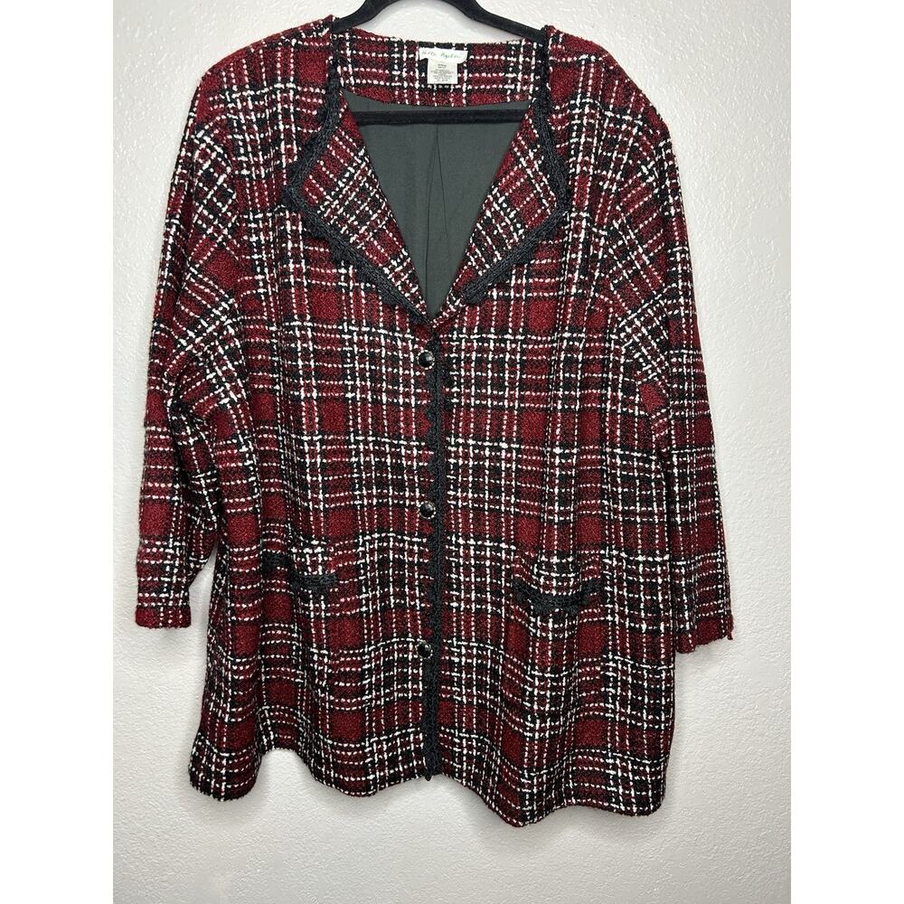 Ulla Popken Tartan Plaid Red Black Tweed Career Blazer Buttons Plus Size 28/30